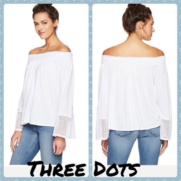 Three Dots Women's Trellis Lace Peasant Top white off shoulder soft stretchy - Picture 1 of 11